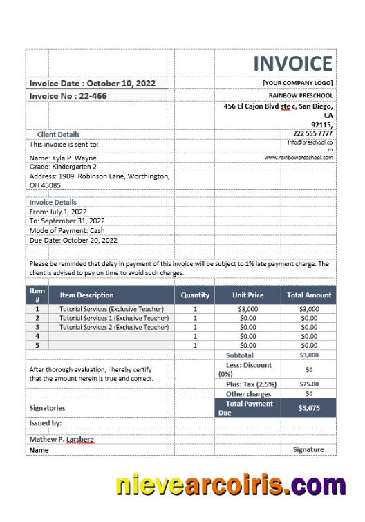 School Teacher Invoice